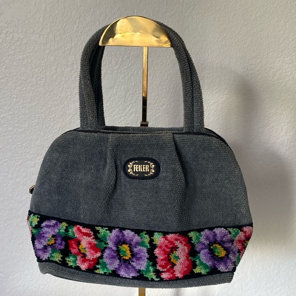 Feiler Germany Gray Floral Print Embroidery Handbag